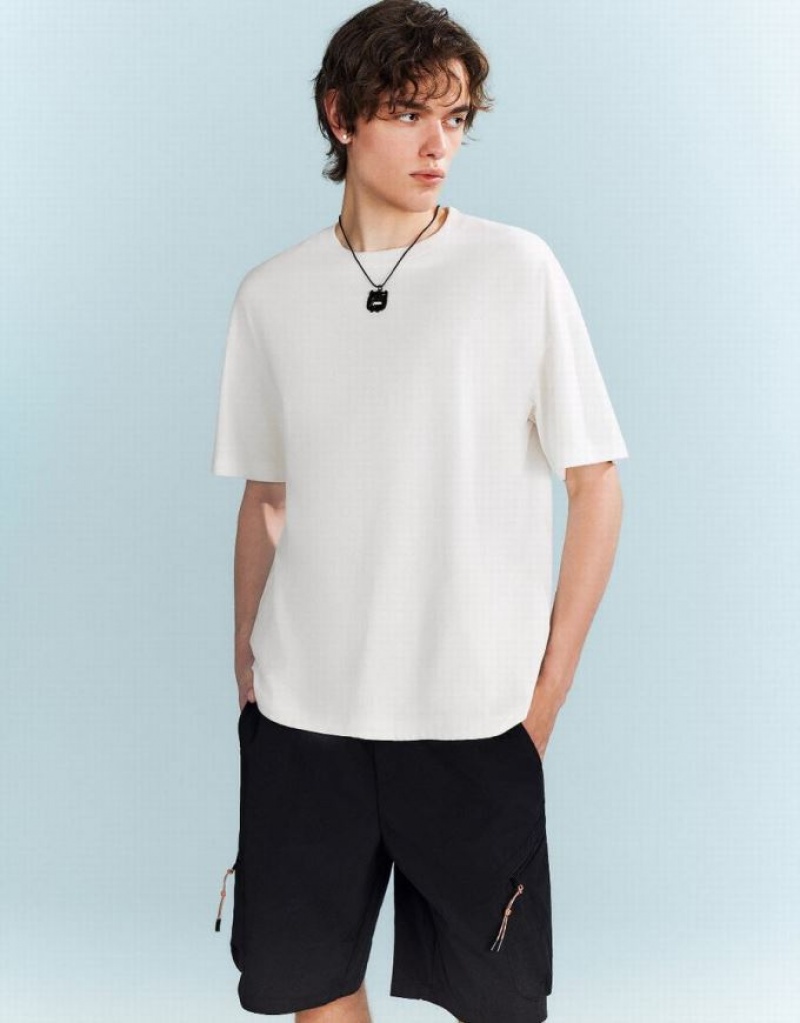 White Urban Revivo Drop Shoulder Sleeve Men's T-Shirts | TQBDGU-926