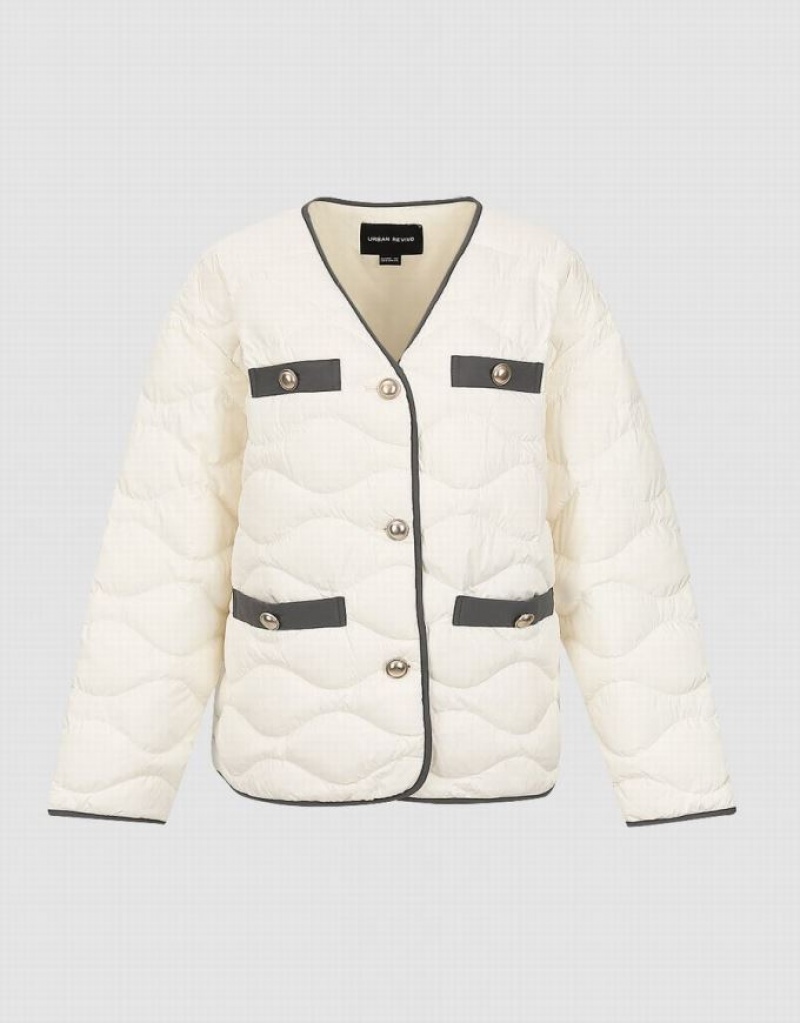 White Urban Revivo Drop Shoulder Sleeve V-Neck Women's Down Jackets | GHBJRU-759