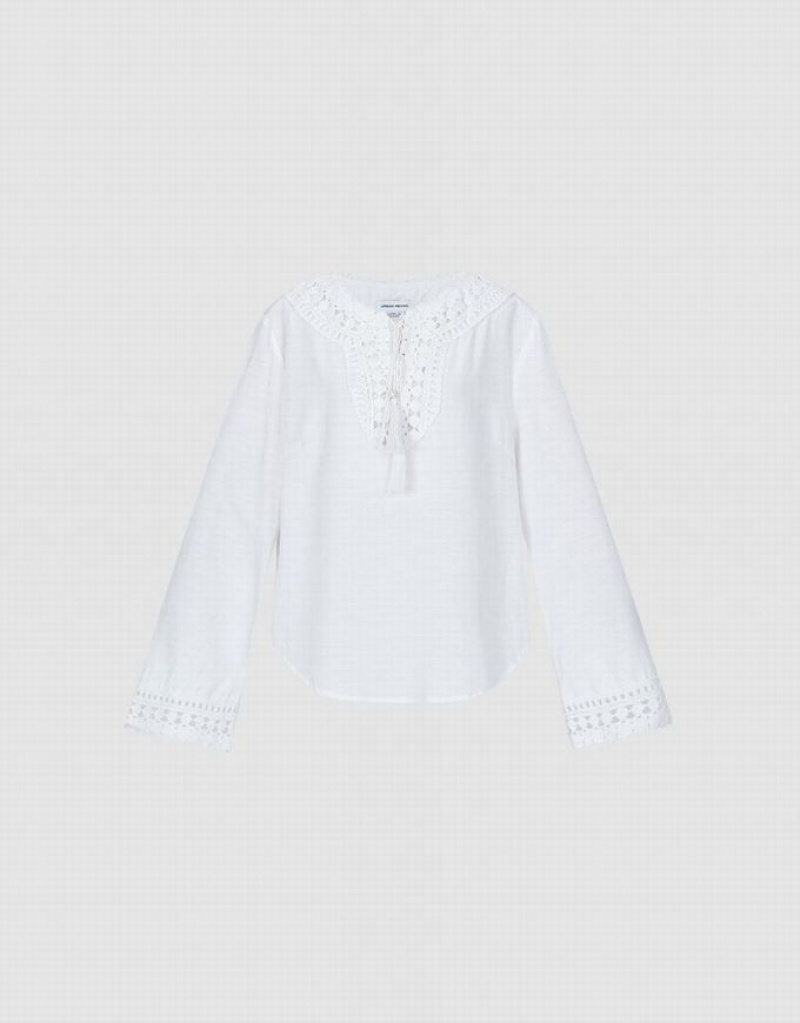 White Urban Revivo Embroidered Women's Blouse | EKRXAI-094