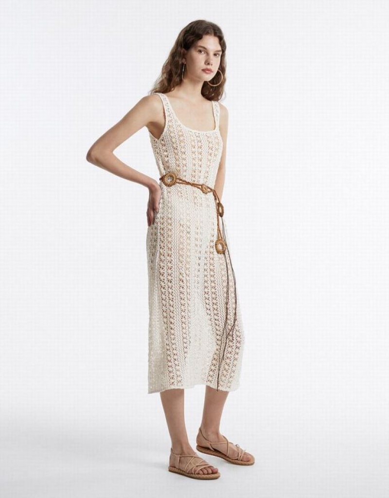 White Urban Revivo Embroidered Women's Knitted Dress | DTGWHM-703