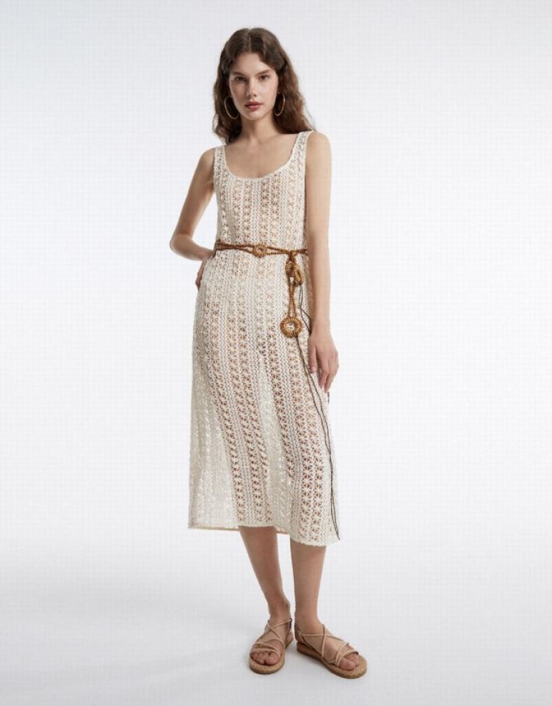 White Urban Revivo Embroidered Women\'s Knitted Dress | DTGWHM-703