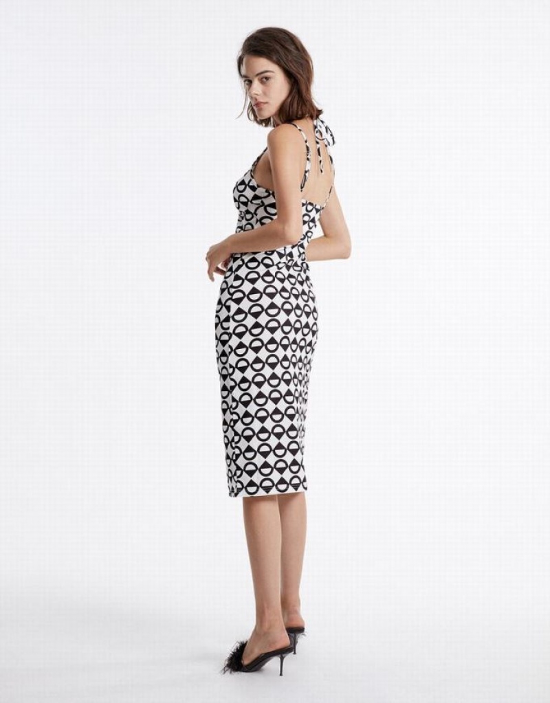 White Urban Revivo Geometric Print Midi Women's Midi Dress | KGVBYN-730