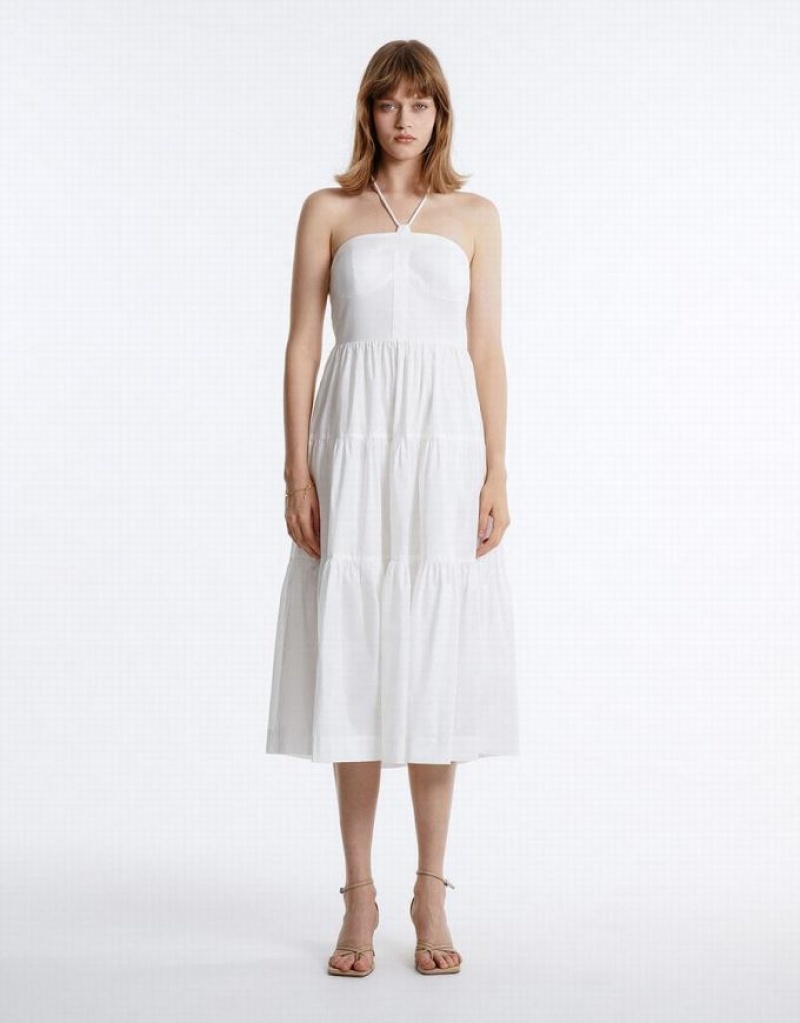 White Urban Revivo Halter Tiered Midi Women's Midi Dress | UQPFDA-134