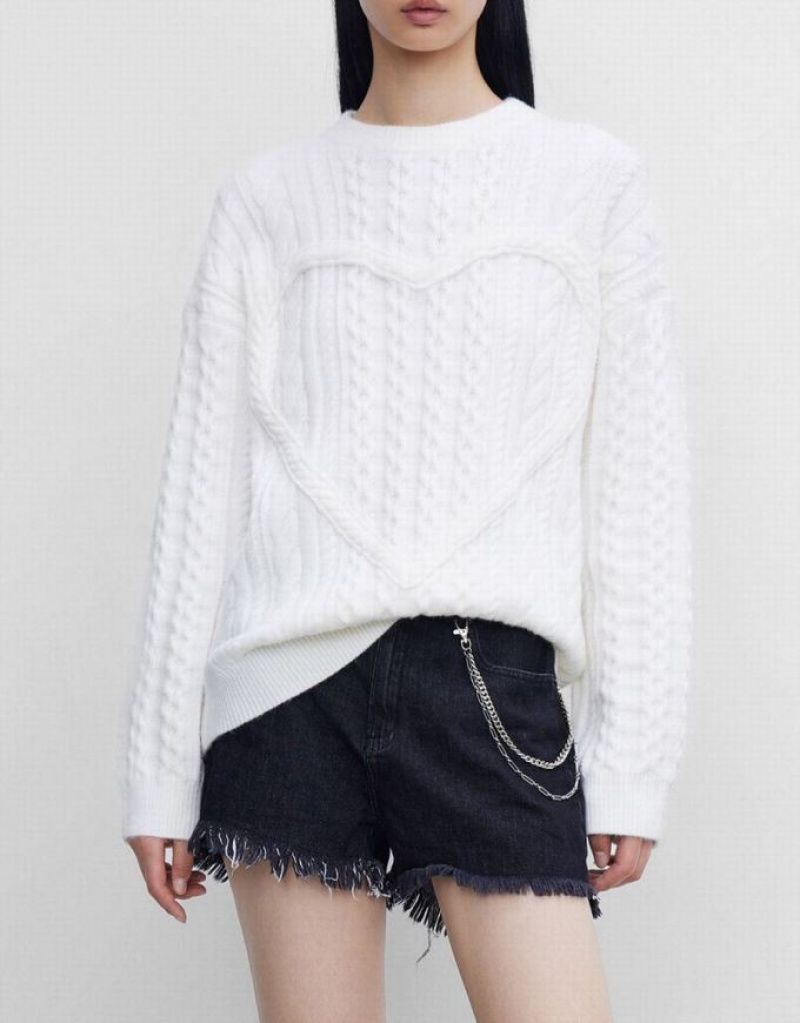 White Urban Revivo Heart Cable Knit Women's Sweaters | VHXBSN-901