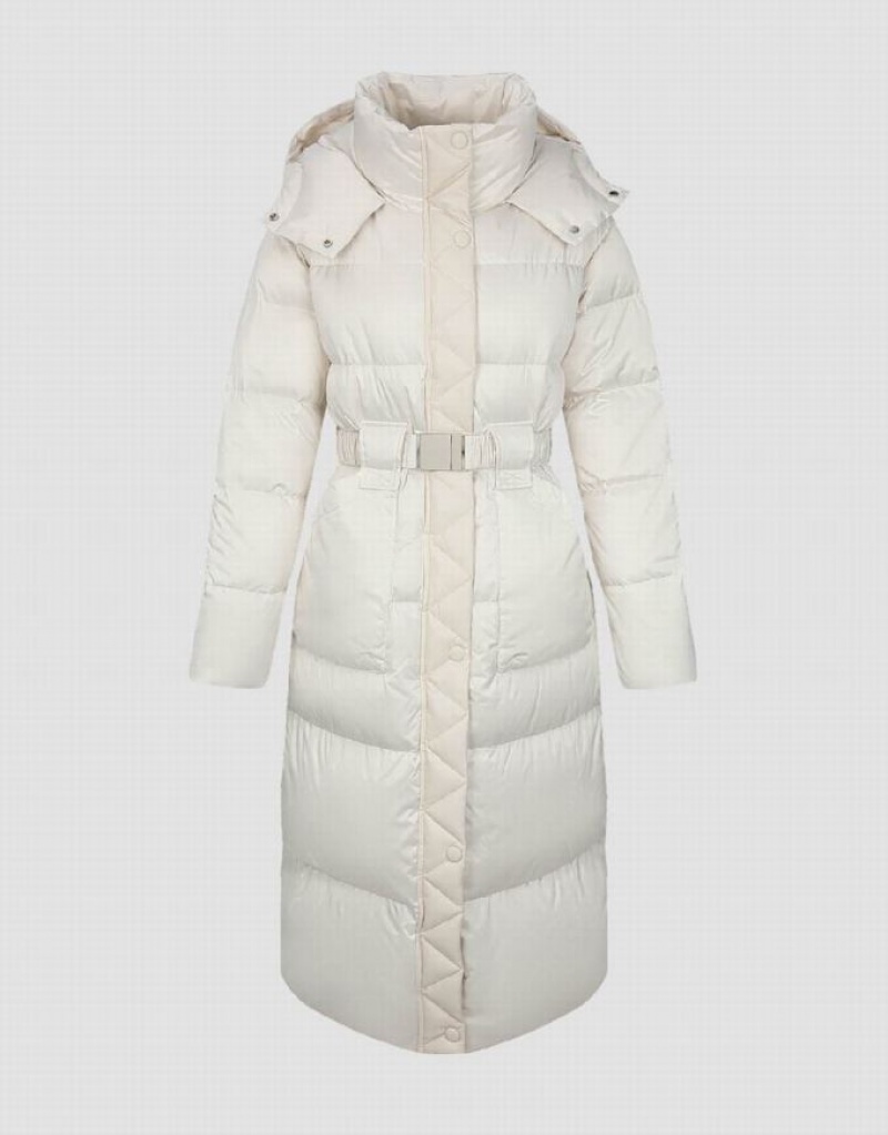 White Urban Revivo Hooded Skater With Belt Women's Down Jackets | MZXPAE-438