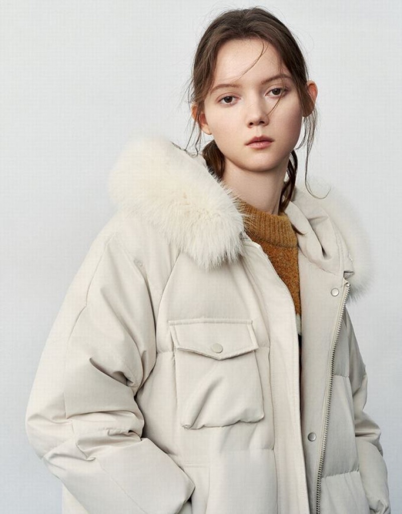 White Urban Revivo Hooded With Furry Collar Women's Down Jackets | YNGLPR-681