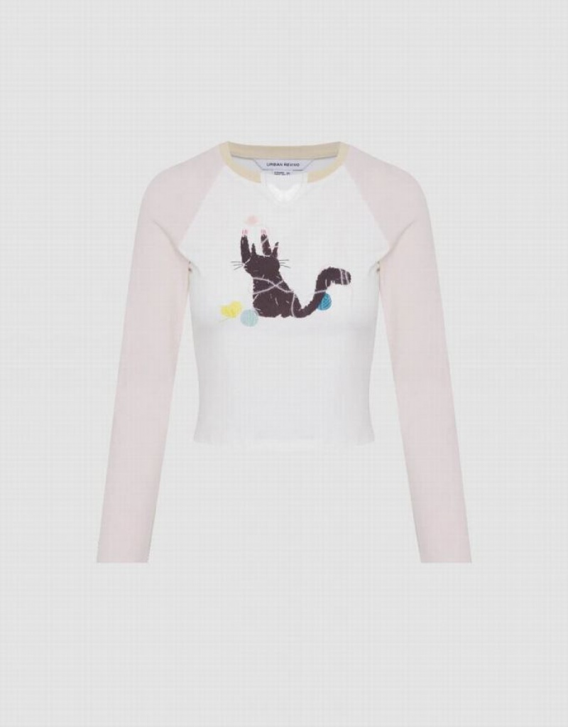 White Urban Revivo Kitty Printed Raglan Sleeve Skinny Women's T-Shirts | LKMFHC-023