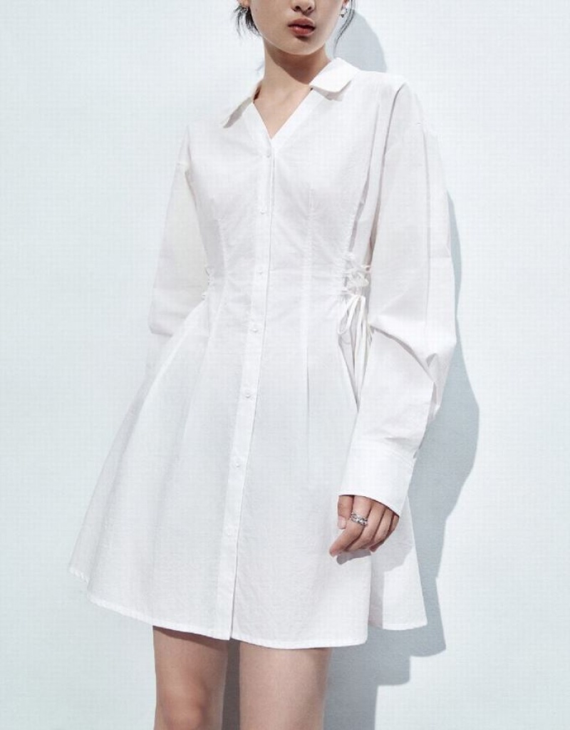 White Urban Revivo Lace Up Side Skater Women's Shirt Dress | SXDVEG-359