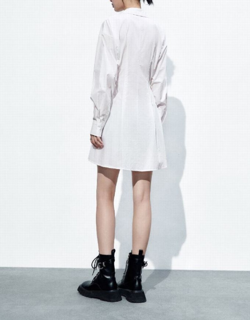 White Urban Revivo Lace Up Side Skater Women's Shirt Dress | SXDVEG-359