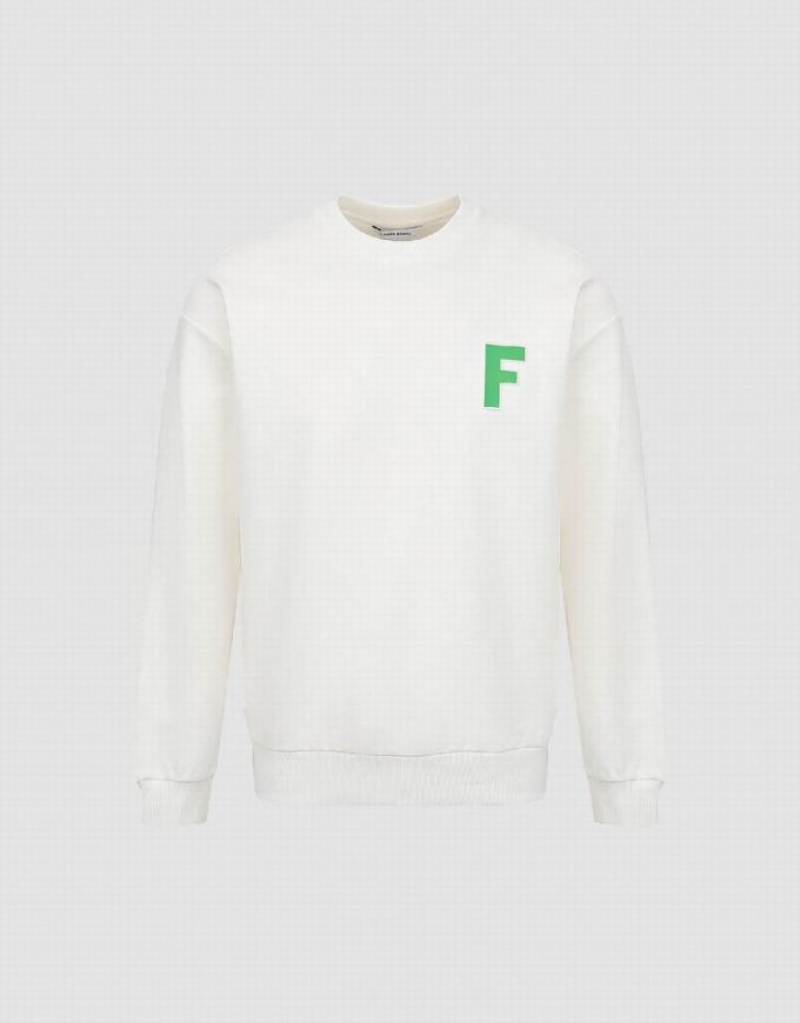 White Urban Revivo Letter Embossed Crew Neck Men's Sweatshirts | FCLSEU-846