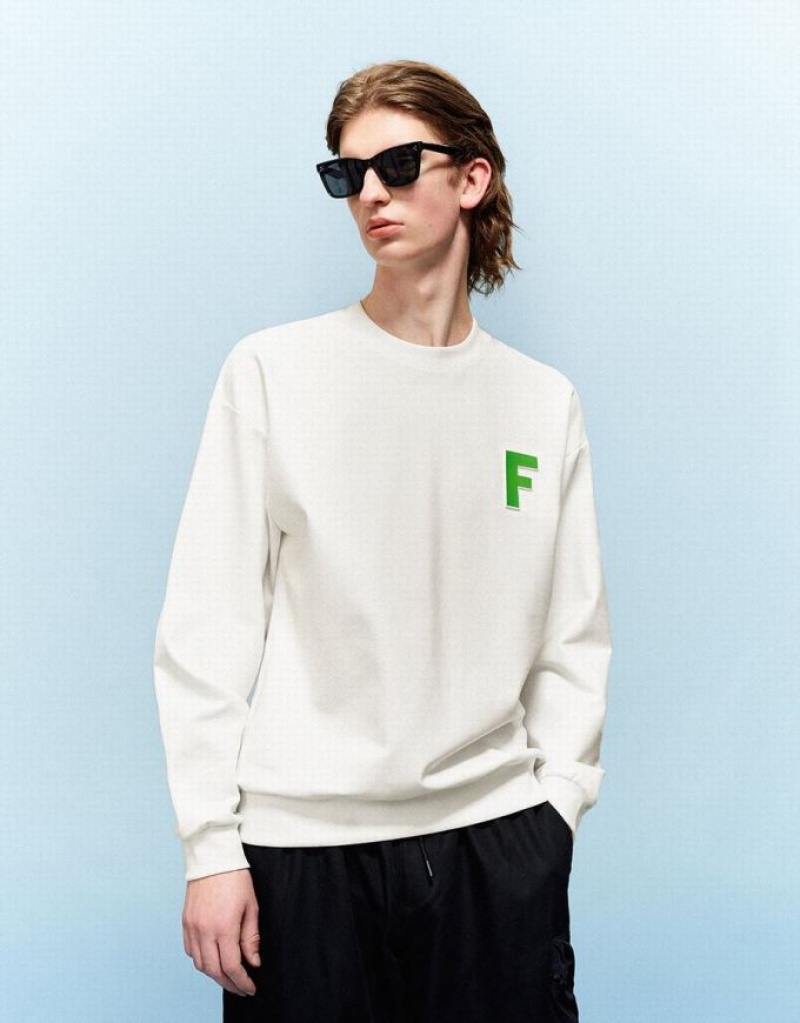 White Urban Revivo Letter Embossed Crew Neck Men's Sweatshirts | FCLSEU-846