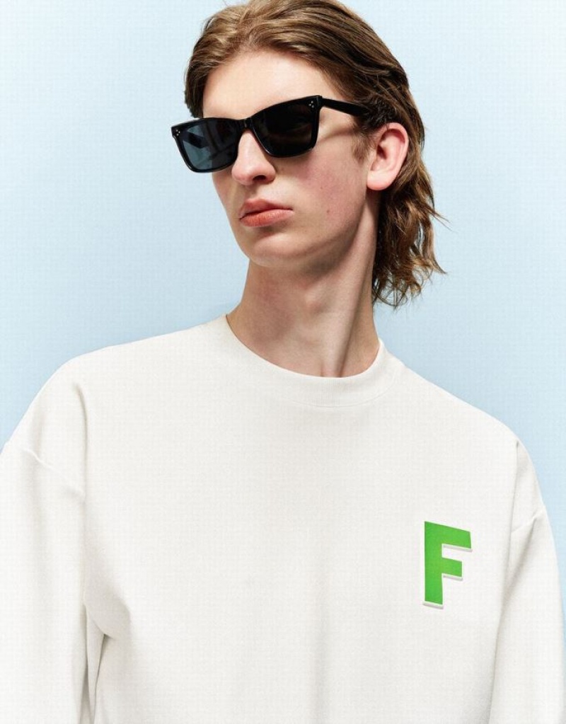 White Urban Revivo Letter Embossed Crew Neck Men's Sweatshirts | FCLSEU-846