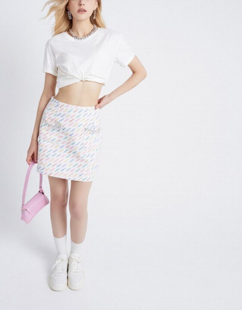 White Urban Revivo Letter Print Rhinestone Detail Women's Skirts | IDUVFO-397