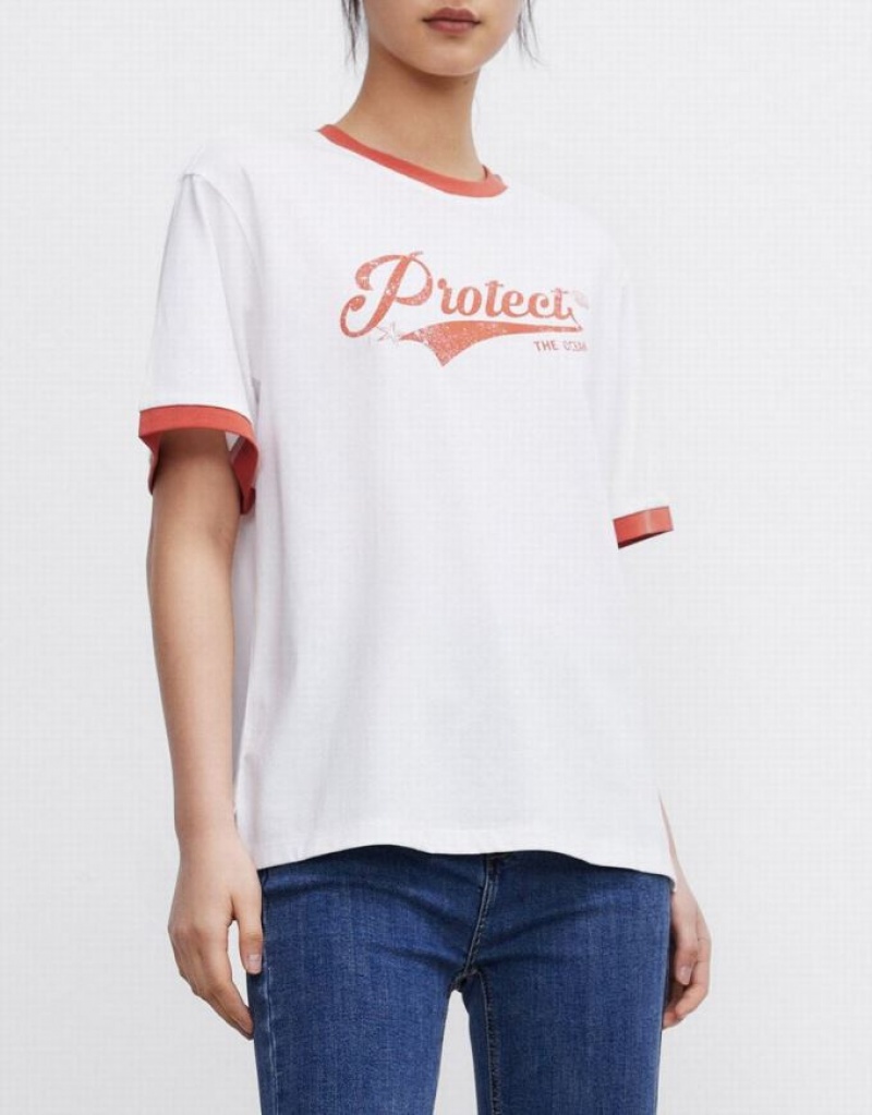 White Urban Revivo Letter Print Women's T-Shirts | JVEDQA-976