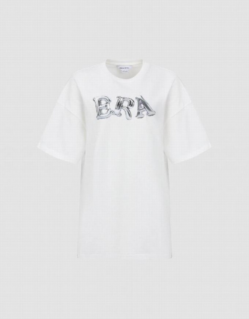 White Urban Revivo Letter Printed Crew Neck Loose Women's T-Shirts | IEMDKV-415