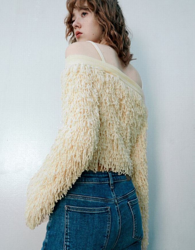 White Urban Revivo Off-Shoulder Knitted Skinny Women's Cardigan | EUYZLF-128