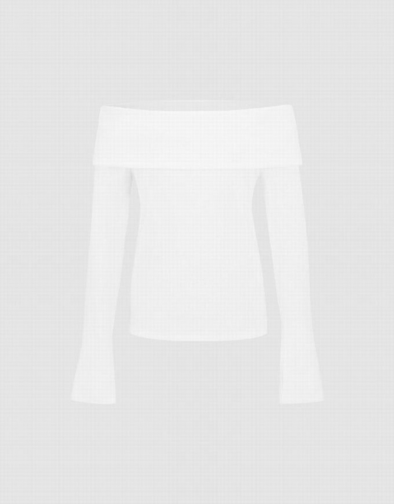 White Urban Revivo Off-Shoulder Skinny Women's T-Shirts | OZUSVR-482