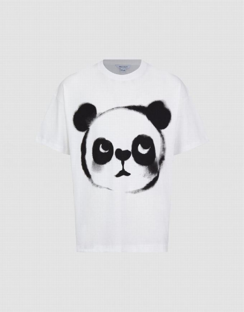 White Urban Revivo Panda Printed Crew Neck Men's T-Shirts | TKDSCA-473