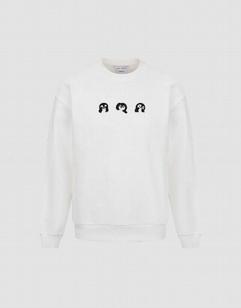 White Urban Revivo Penguins Printed Crew Neck Men's Sweatshirts | MFQNSR-238