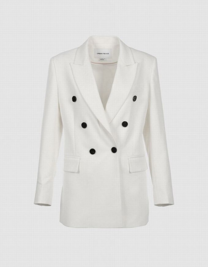 White Urban Revivo Plain Double Breasted Women\'s Blazers | QFEVYD-851