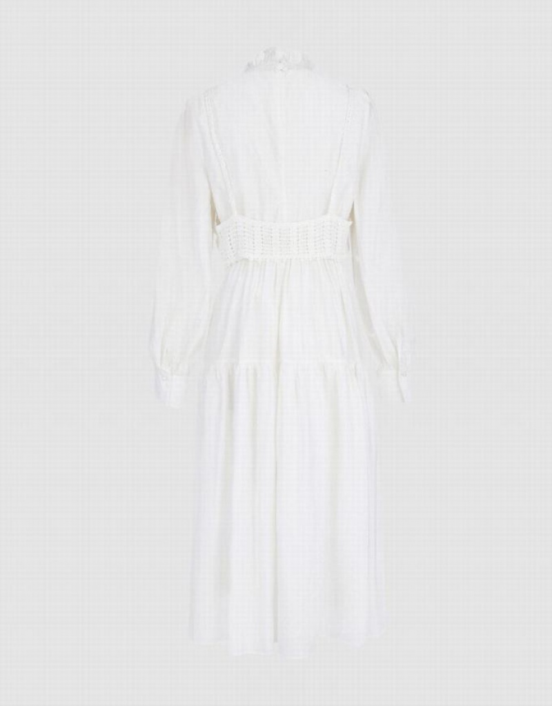 White Urban Revivo Plain Frill Trim Puff Sleeve Women's Casual Dress | CKGXTD-948