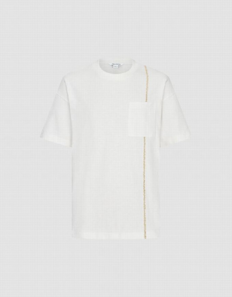 White Urban Revivo Pocket Patched Crew Neck Men's T-Shirts | NTSKQE-835