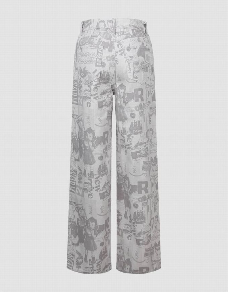 White Urban Revivo Printed Wide-Leg Women's Jeans | KVUCBW-735