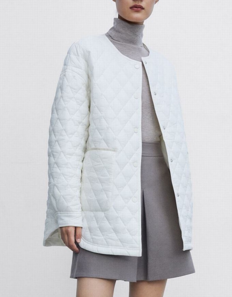 White Urban Revivo Quilted Statement Collar Winter Women's Coats | VRMZFX-645