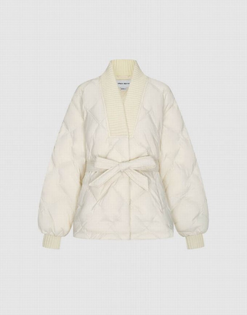 White Urban Revivo Quilted V-Neck Women's Down Jackets | DOSTLH-789