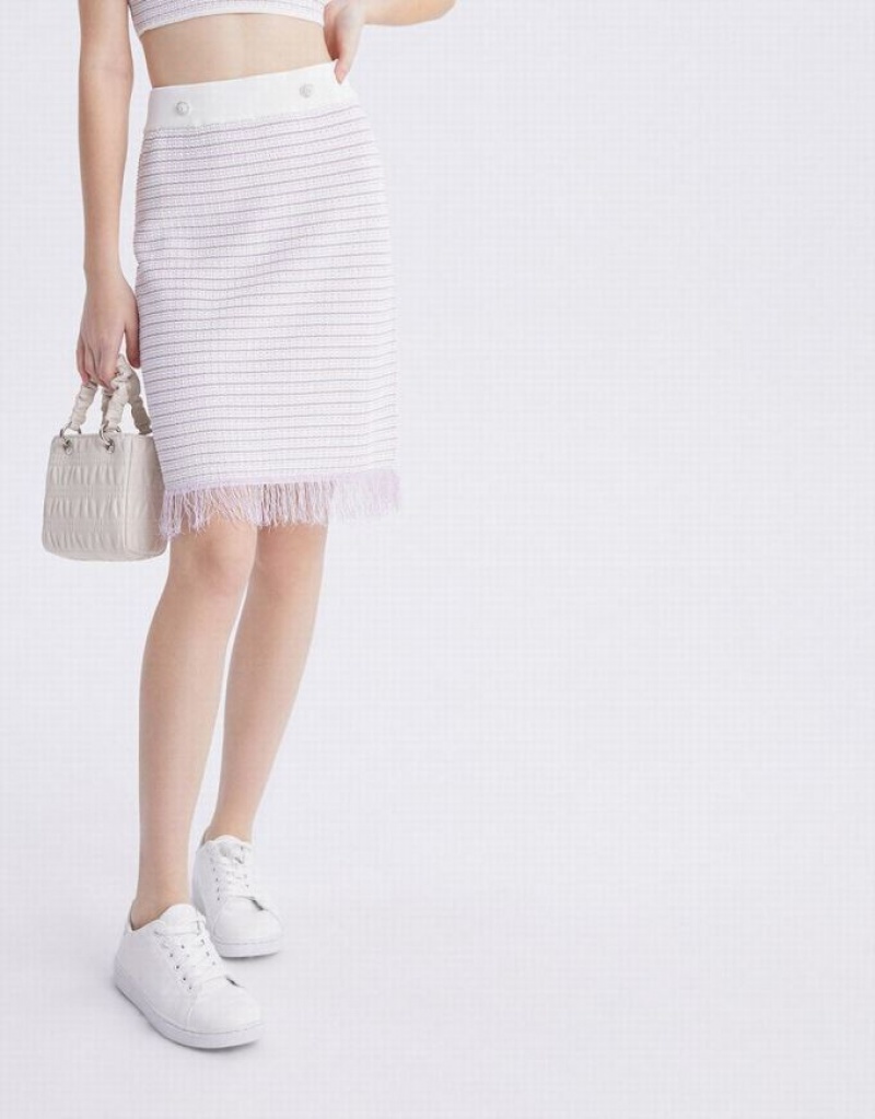 White Urban Revivo Raw Hem Knitted Women's Skirts | RJNKDG-364