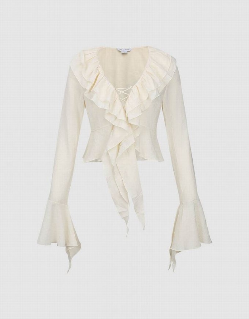 White Urban Revivo Ruffle Lapel Women's Shirts | RDZLTI-967