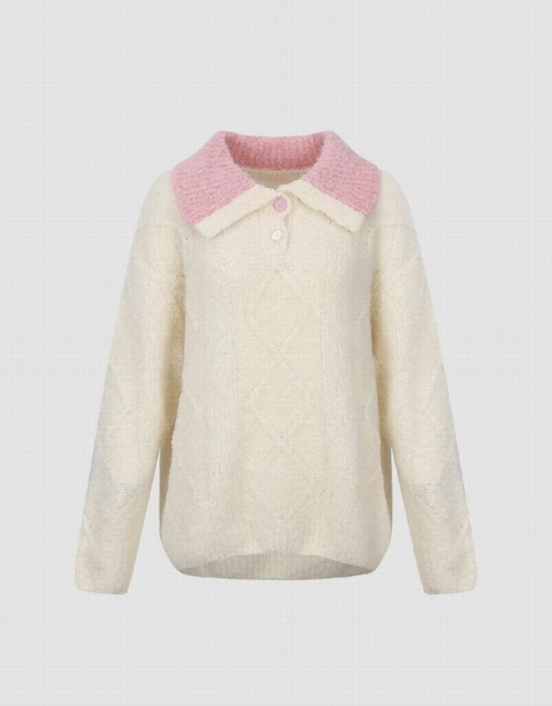 White Urban Revivo Sailor Collar Neck Knitted Women's Cardigan | KYCNVH-928