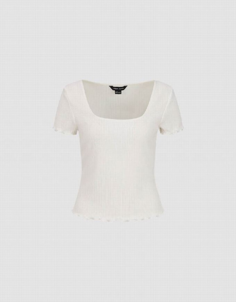 White Urban Revivo Shirred U Neck Skinny Women's T-Shirts | OXDICM-250