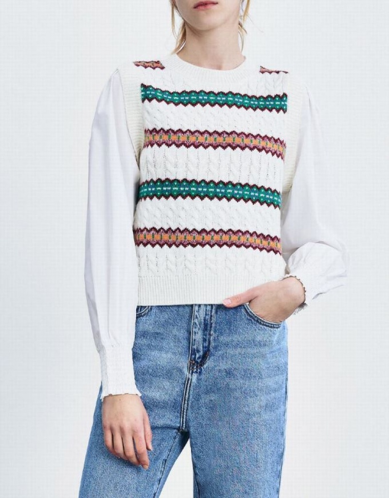 White Urban Revivo Spliced Striped Knitted Top Women's Cardigan | KLONBE-340