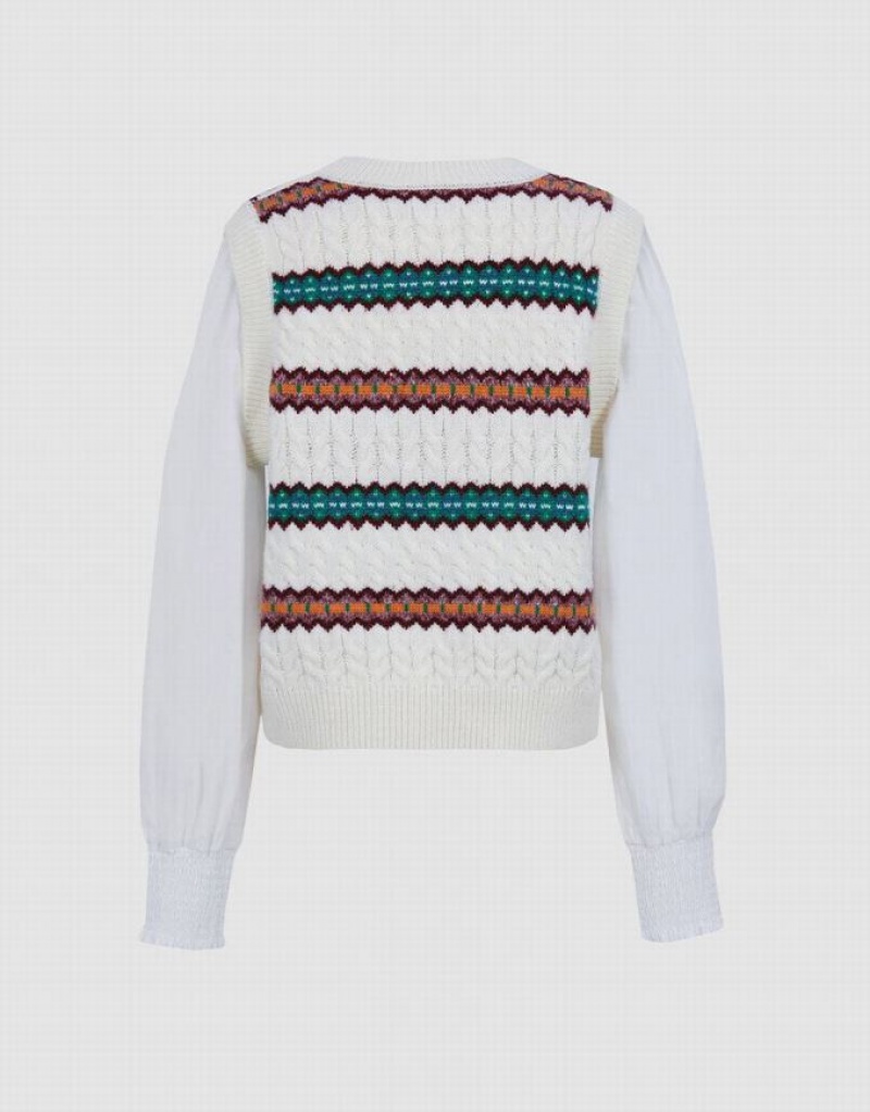 White Urban Revivo Spliced Striped Knitted Top Women's Cardigan | KLONBE-340