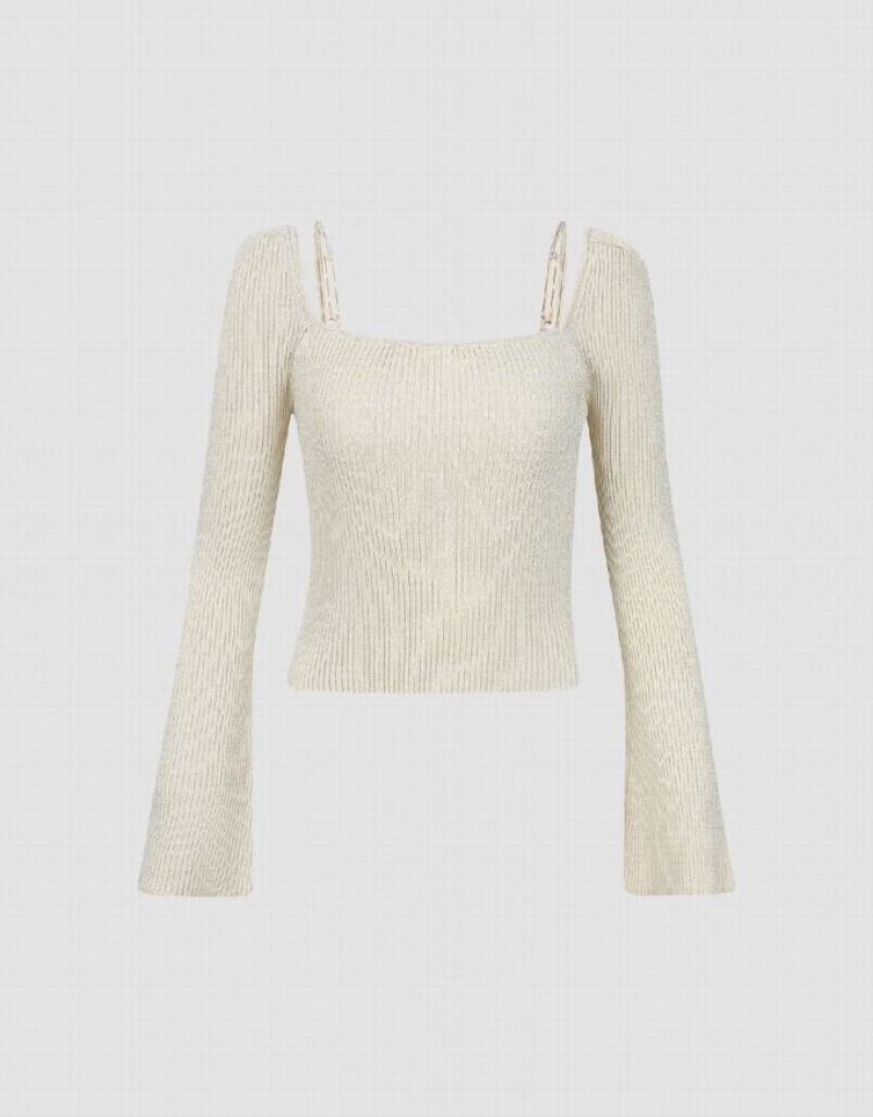 White Urban Revivo Square-cut Collar Knitted Women's Cardigan | JTBRHK-860