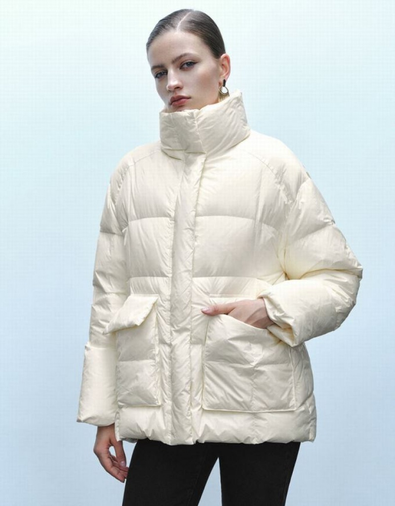 White Urban Revivo Stand Collar Women\'s Puffer Jacket | PJVDFL-738