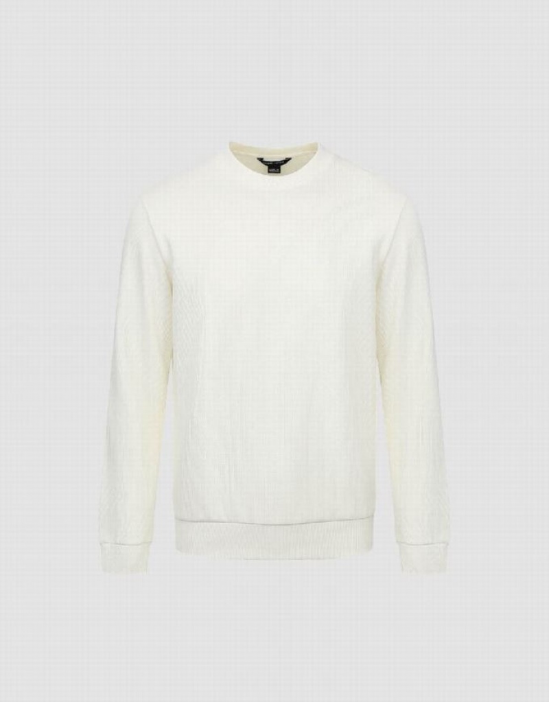 White Urban Revivo Standard Sleeve Crew Neck Men's Sweatshirts | CJNIBY-641