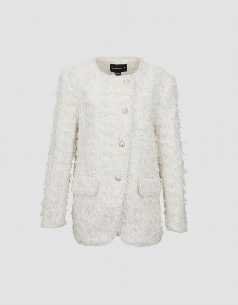 White Urban Revivo Standard Sleeve Fuzzy Women's Jacket | UKMDBT-526