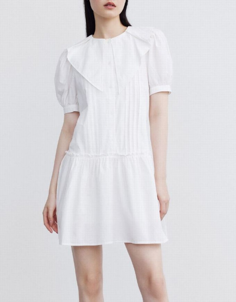 White Urban Revivo Statement Collar Puff Sleeve Ruffle Hem Women's Casual Dress | LIZNUF-274