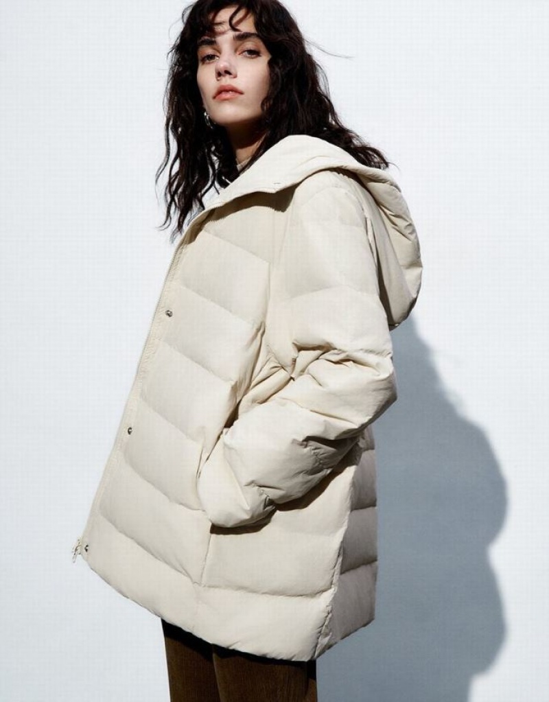 White Urban Revivo Straight Hooded Women's Down Jackets | PRBGQT-410