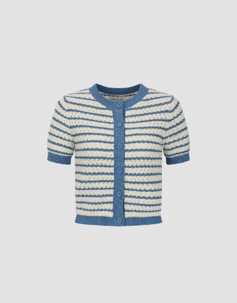 White Urban Revivo Striped Crew Neck Knitted Women's Cardigan | PHYAQJ-104