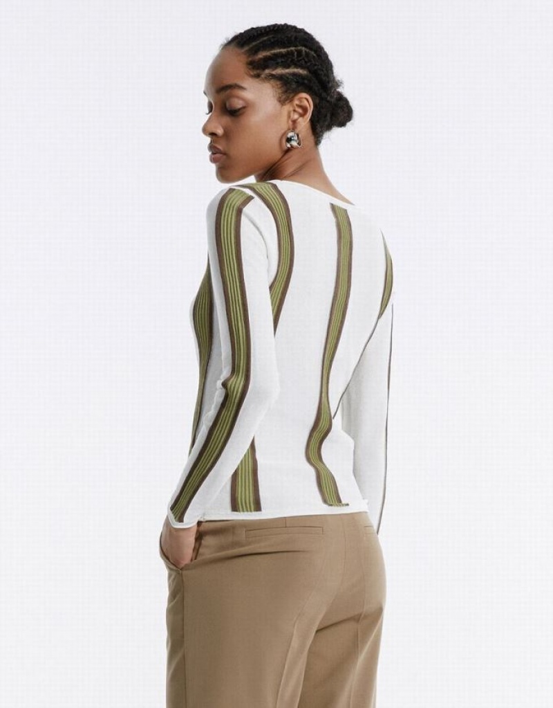 White Urban Revivo Striped Women's Sweaters | LJNEBG-210