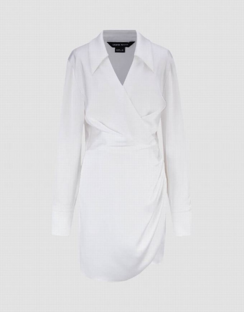 White Urban Revivo Surplice Front V-Neck Lapel Skater Women's Short Dress | ZSMRXG-985