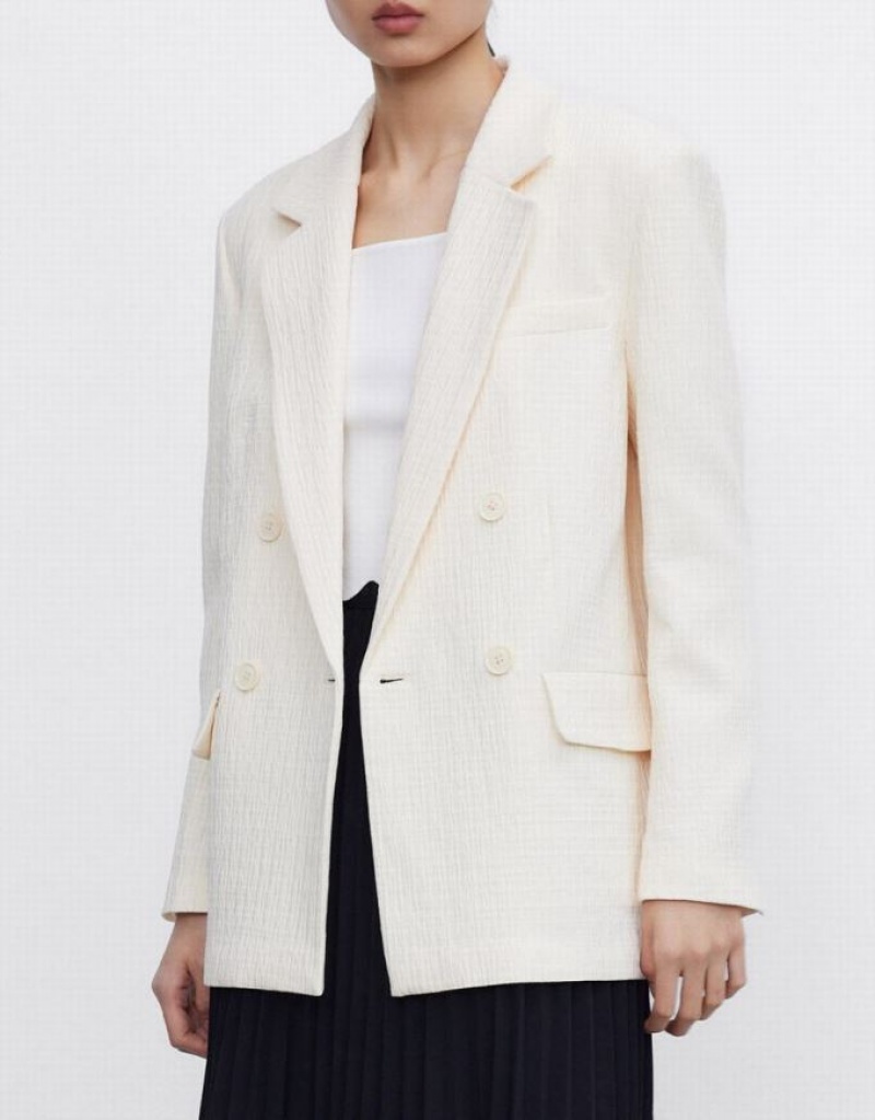 White Urban Revivo Textured Double Breasted Women's Blazers | ZFMPGY-615