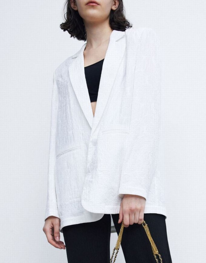 White Urban Revivo Textured Single Breasted Women's Blazers | GVZHBS-948