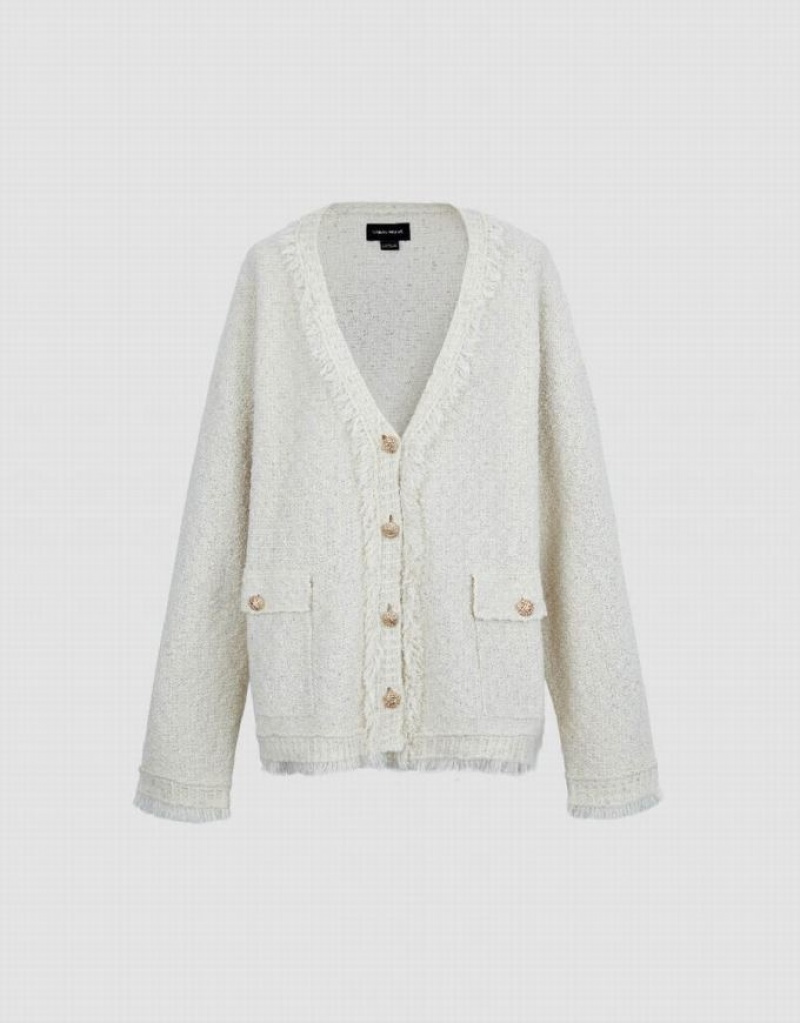 White Urban Revivo Tweed Raw Trim V-Neck Knitted Women's Cardigan | FNOWMA-273