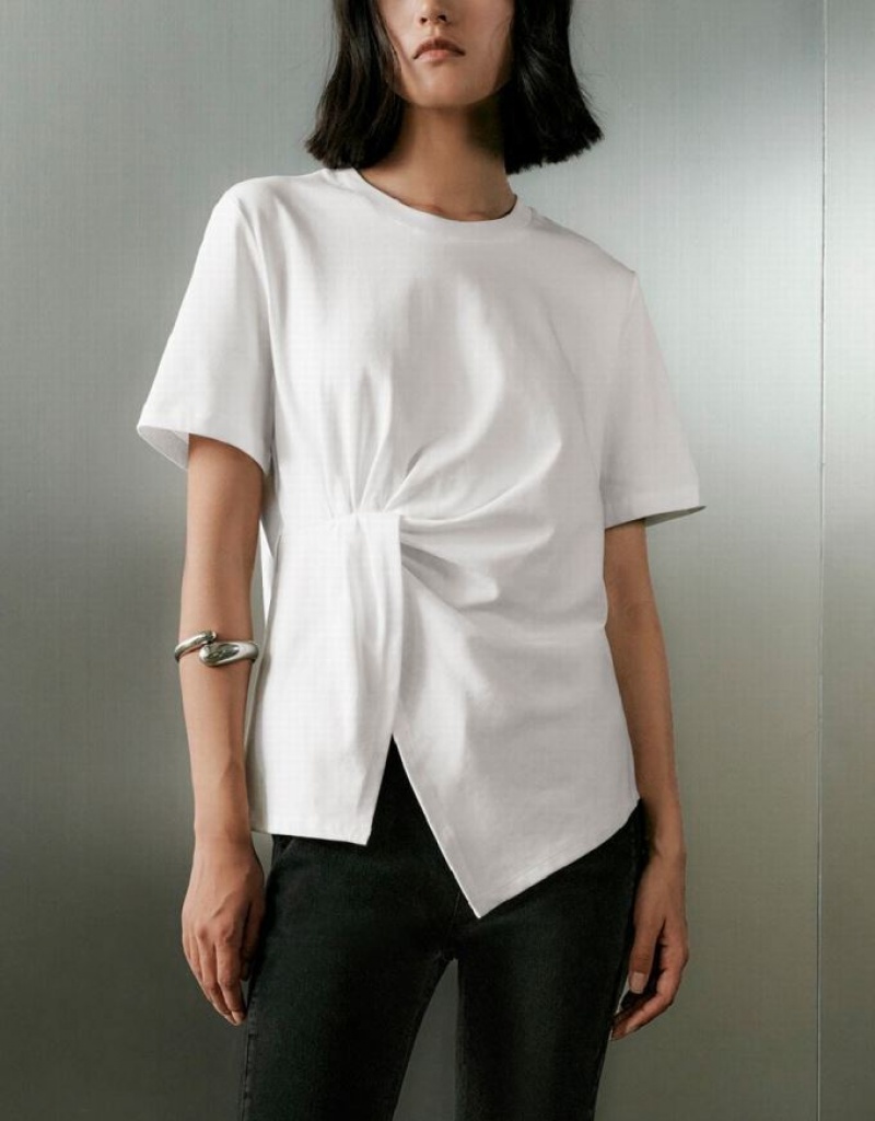 White Urban Revivo Twist Side Crew Neck Women's T-Shirts | QMCVEB-326