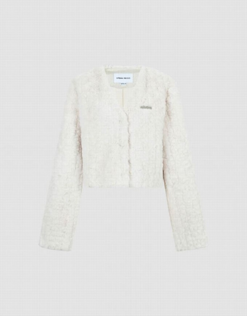 White Urban Revivo V-Neck Furry Women's Coats | YFMNPU-198