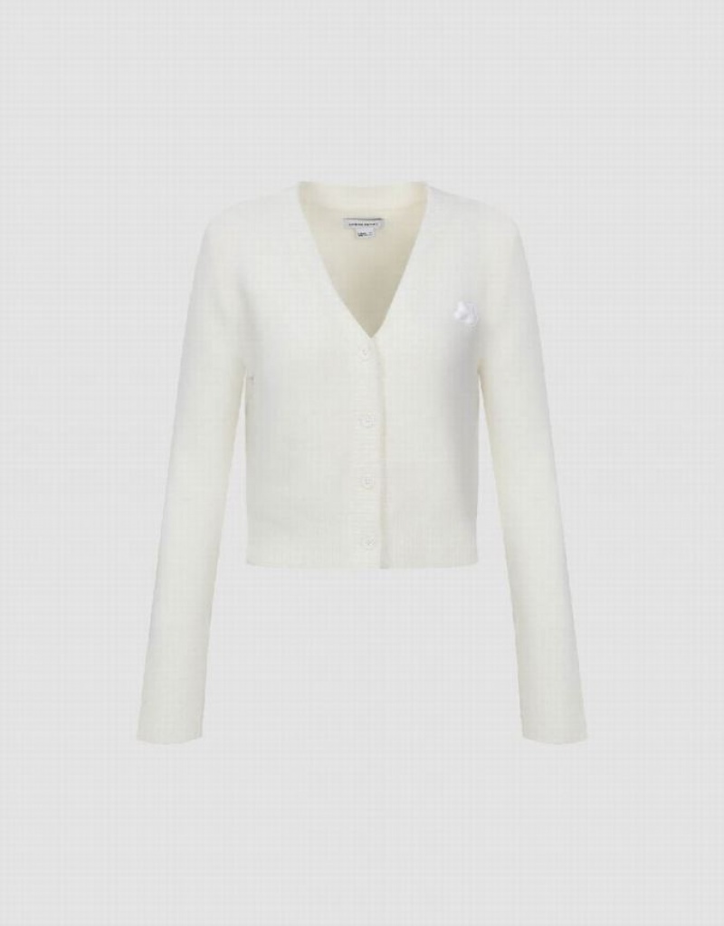 White Urban Revivo V-Neck Knitted Women's Cardigan | JKNARX-789